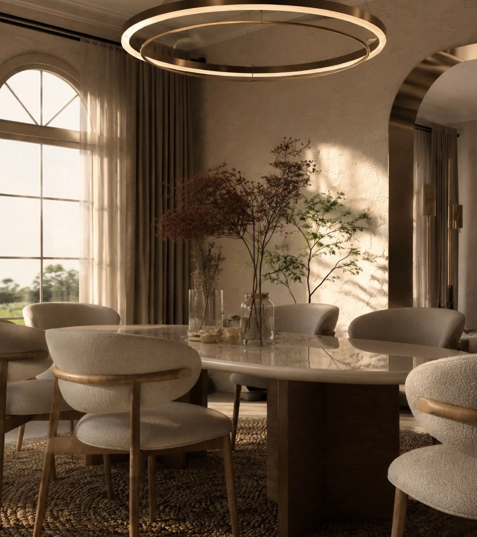 The Arched Villa — Dining under the ring chandelier