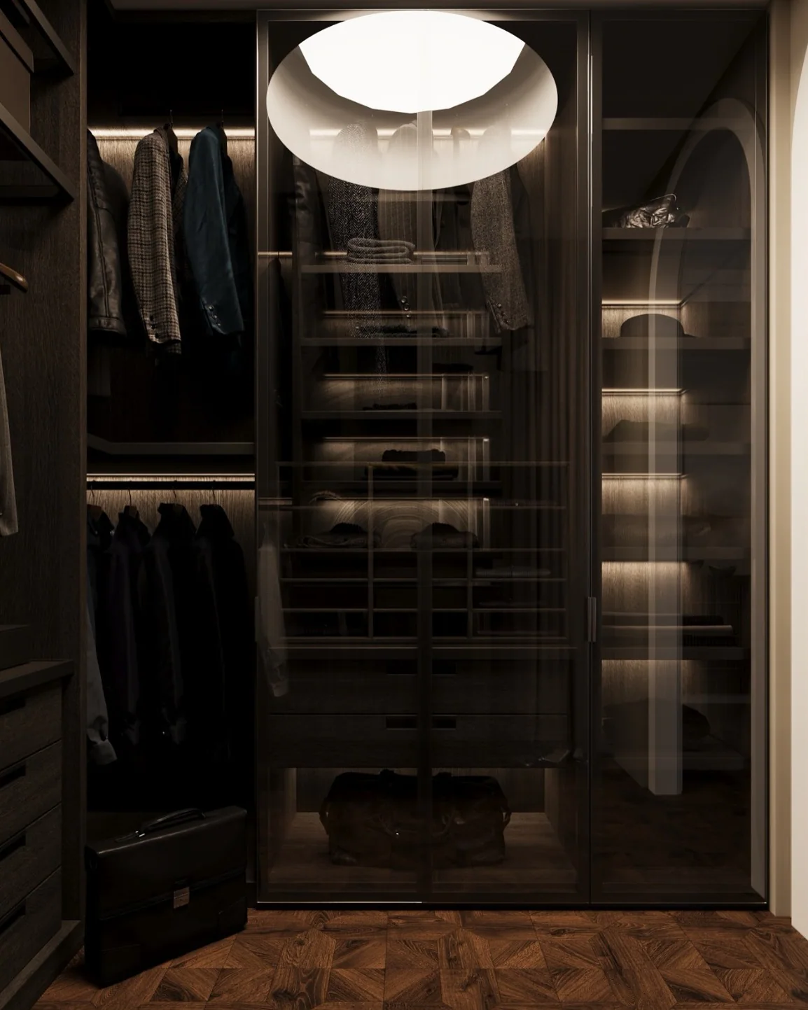 Quiet Luxury Suite — Smoked-glass wardrobes