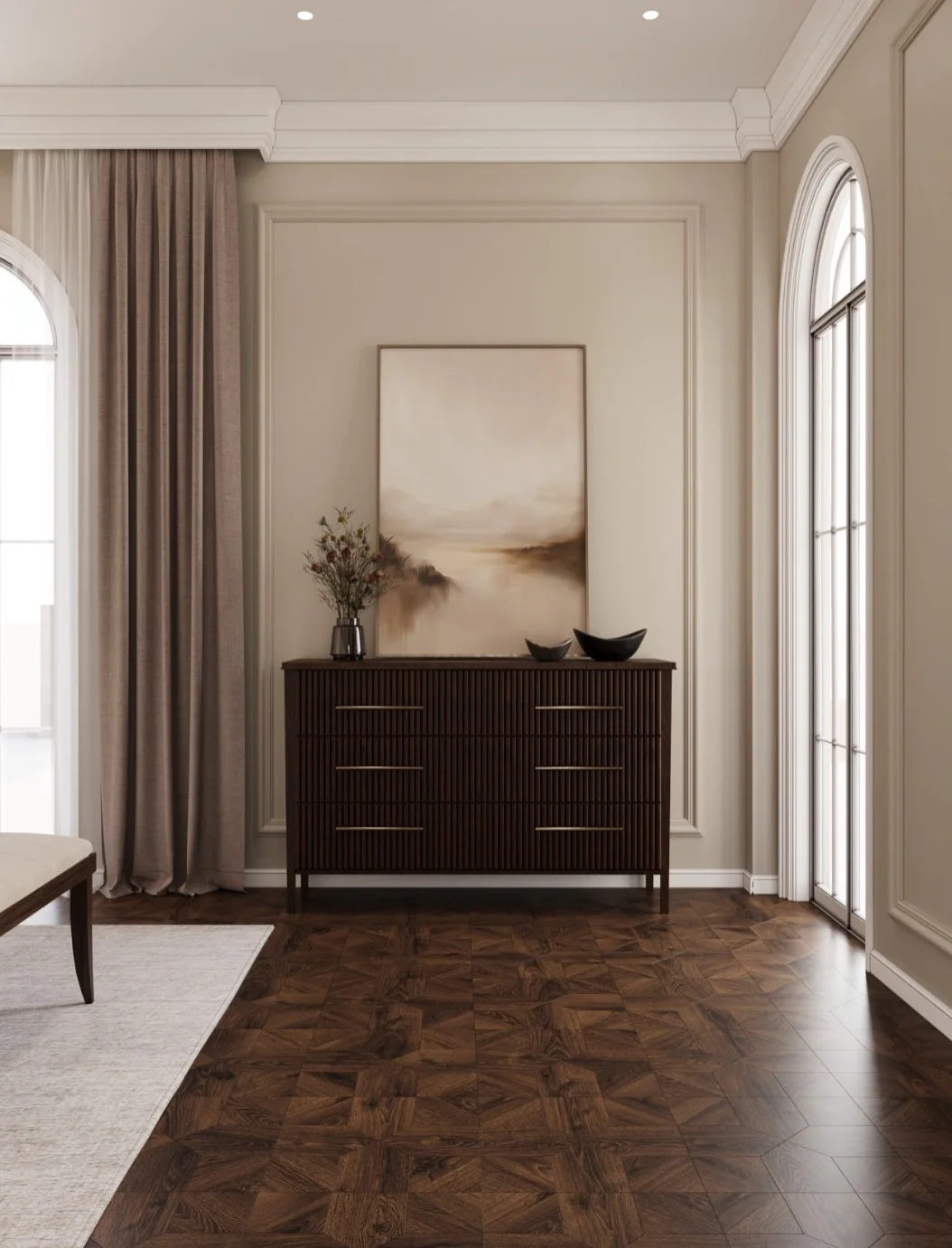 Quiet Luxury Suite — Dresser by the arched window