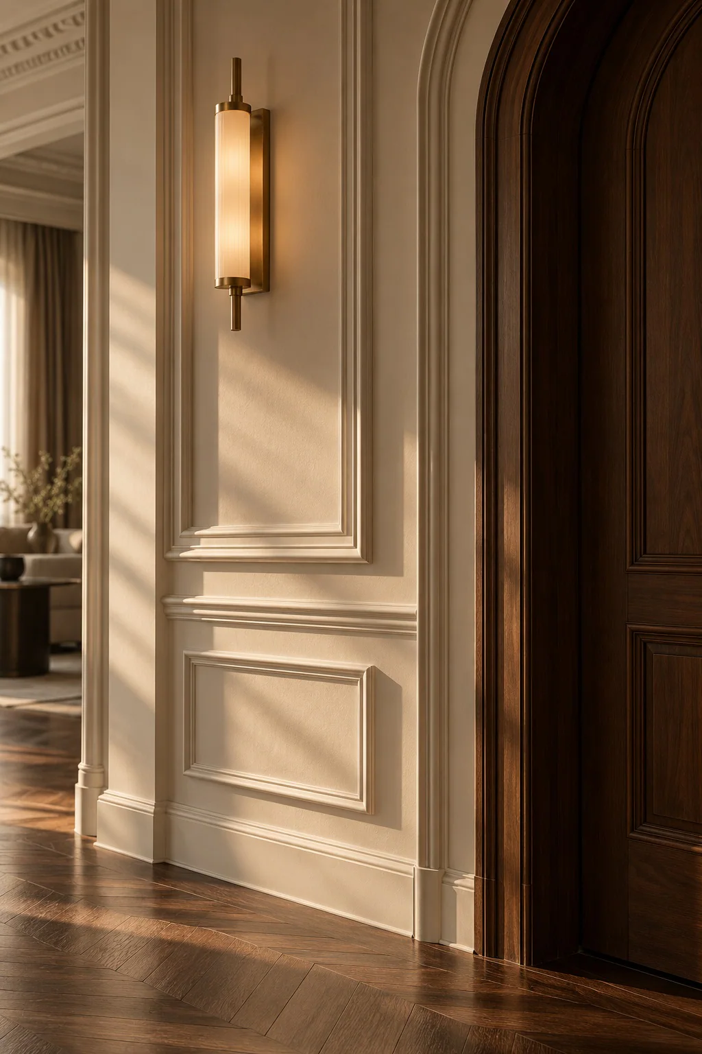 Panel mouldings, a brass sconce and a walnut door frame in raking light